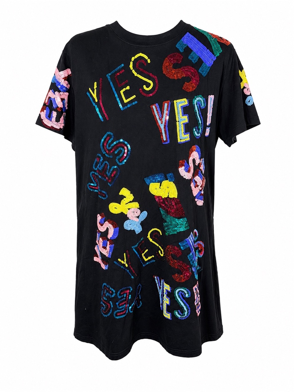 Queen of Sparkles Black “Yes”Sequin T-Shirt Dress Dopamine Dressing Gameday M